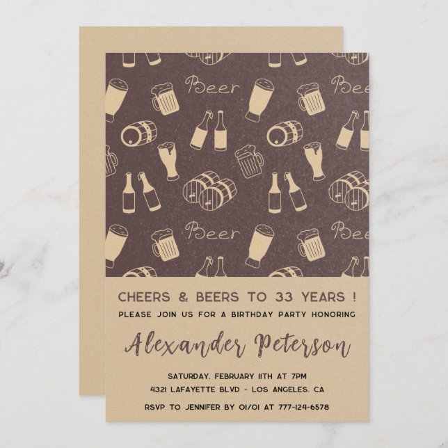 33e anniversaire invitation Hommes Bière Rustique (Devant / Derrière)