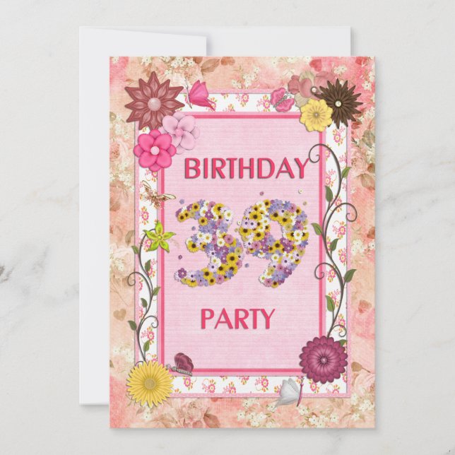 39e anniversaire invitation fête avec cadre fleuri (Devant)