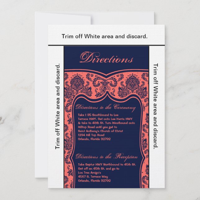 3.5x6 Carte de direction Marine Blue Coral Damask (Devant)