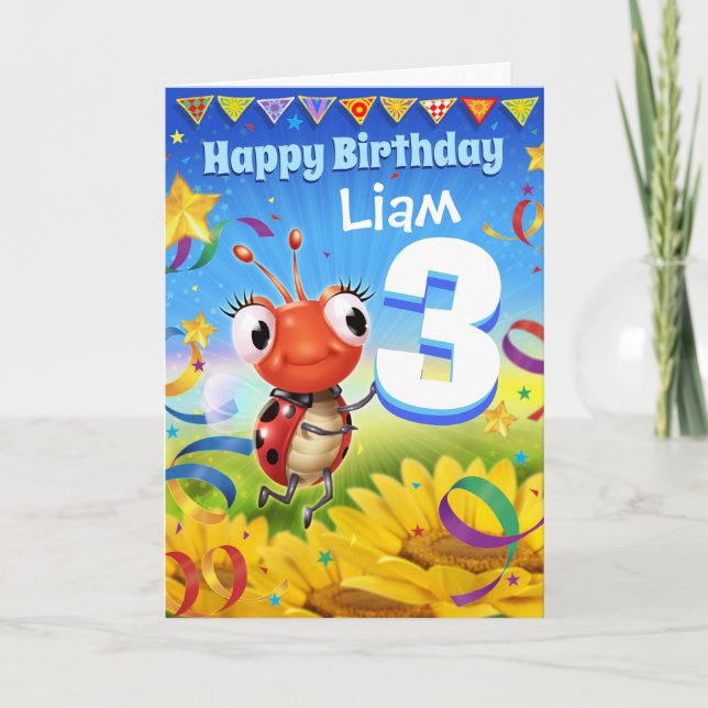 3 ans Carte d'anniversaire personnalisée Gamme Lit (Devant)