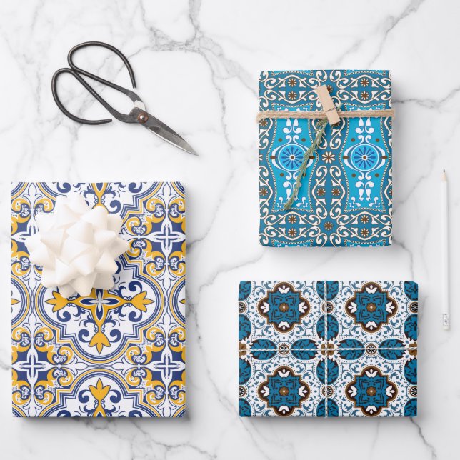  😍 3 Belles feuilles de papier enveloppant Azulej (Recto)
