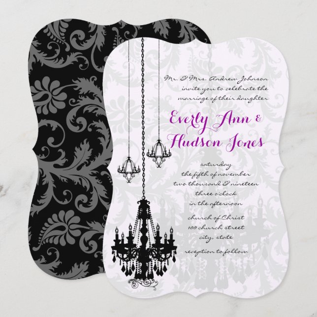 3 Chandeliers Noirs Invitations de Mariage Shadow  (Devant / Derrière)