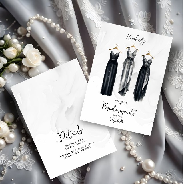 3 Chic Black Bridesmaid Dresses Watercolor Request (Glam 3 Chic Black & Grey Shades Bridesmaid Dresses Watercolor Effect Proposal Card.)