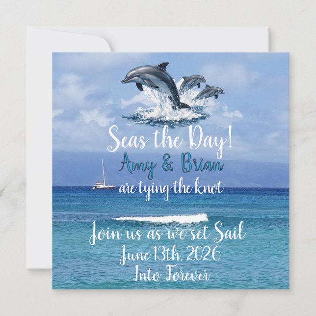 3 Dauphins Invitation de Mariage Océan Fait de la  (Devant)