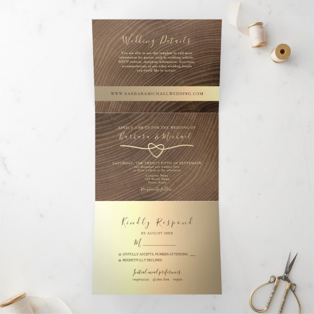 3 en 1 Invitation triplée Mariage de bois (Intérieur)