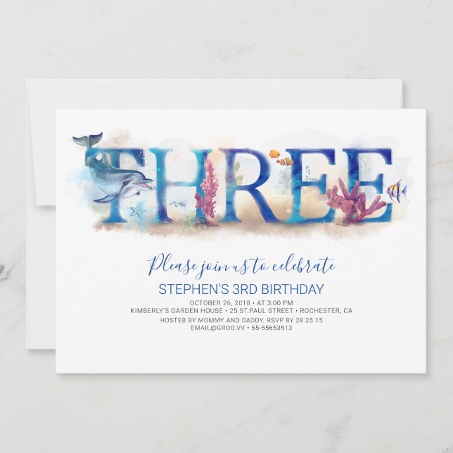 3 Invitation d'anniversaire sous le dauphin de mer (Devant)