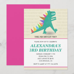 3 invitations de fille rex 3 ans troisième dinosau