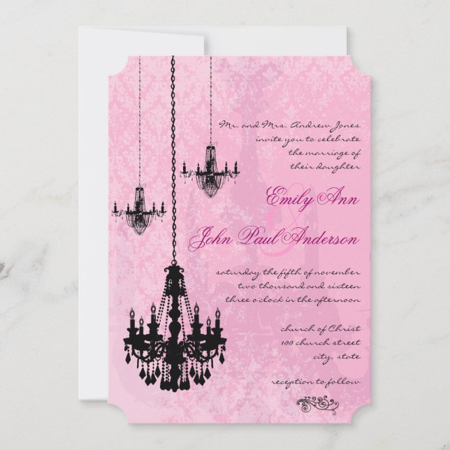 3 Lustres noirs Mariage damassé rose Invitation (Devant)