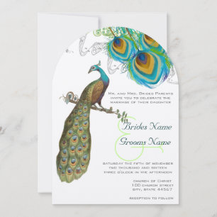 3 Peacock Feathers Art Déco Wedidting Invitation