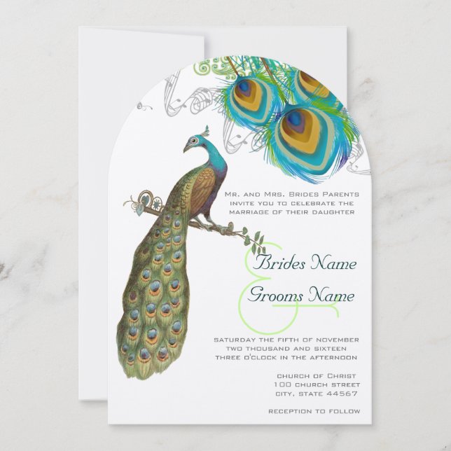 3 Peacock Feathers Art Déco Wedidting Invitation (Devant)