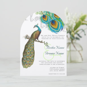 3 Peacock Feathers Art Déco Wedidting Invitation