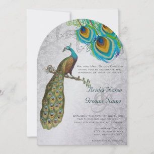 3 Peacock Feathers Art Déco Wedidting Invitation
