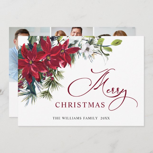 3 PHOTO Carte de vœux de Noël élégante au poinsett (Devant / Derrière)