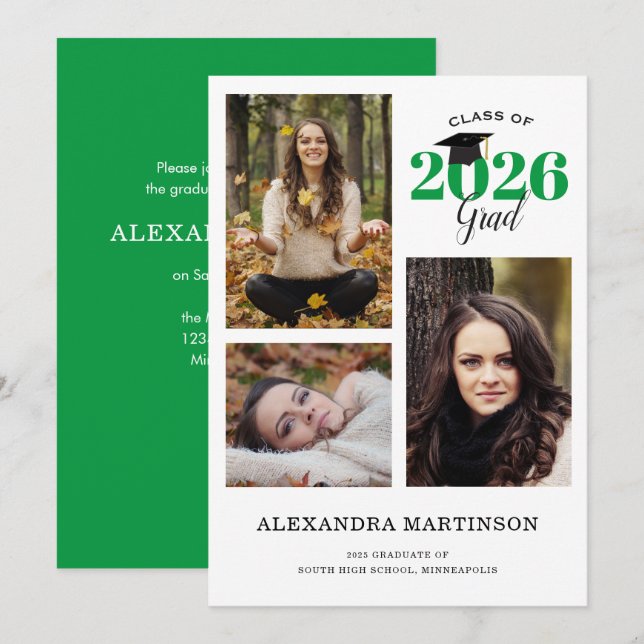 3 Photo Collage Green Graduation Party Invitation (Devant / Derrière)
