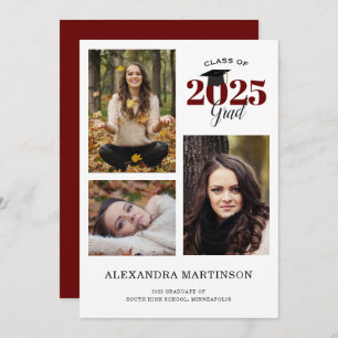 3 Photo Collage Maroon Graduation Invitation