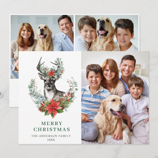 3 PHOTO Élégante carte de Noël Cerf Poinsettia (Devant / Derrière)