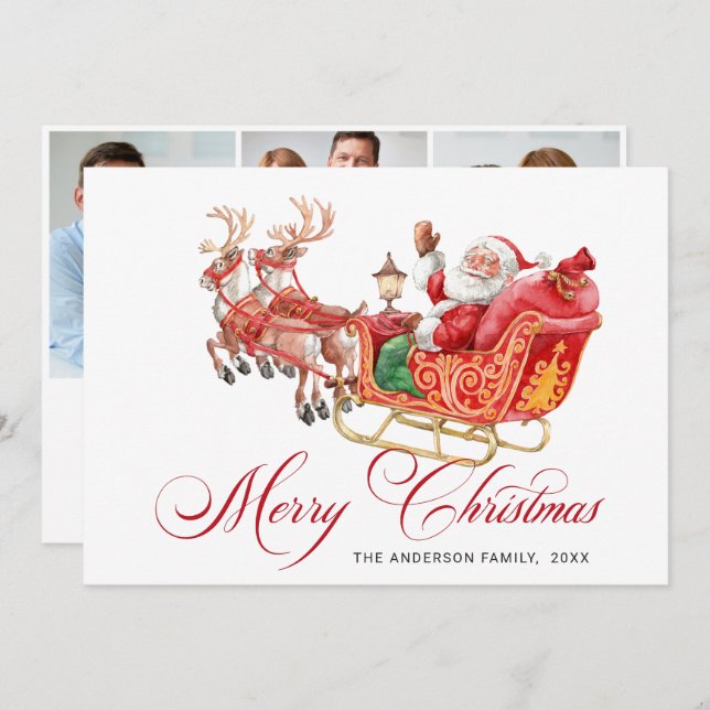 3 PHOTO Festif Traîneau du Père Noël Carte de vœux (Devant / Derrière)