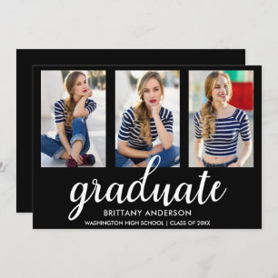 3 Photo Gold Modern Graduation Party Invitation BW