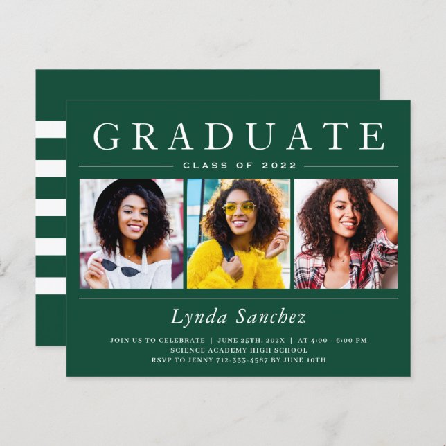 3 Photo Green White Stripes Graduation Invitations (Devant / Derrière)