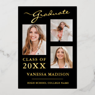 3 Photo Script moderne Black Gold Grad Faire-part