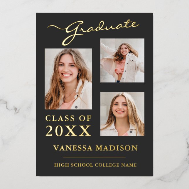 3 Photo Script moderne Gris Grad Faire-part (Recto)