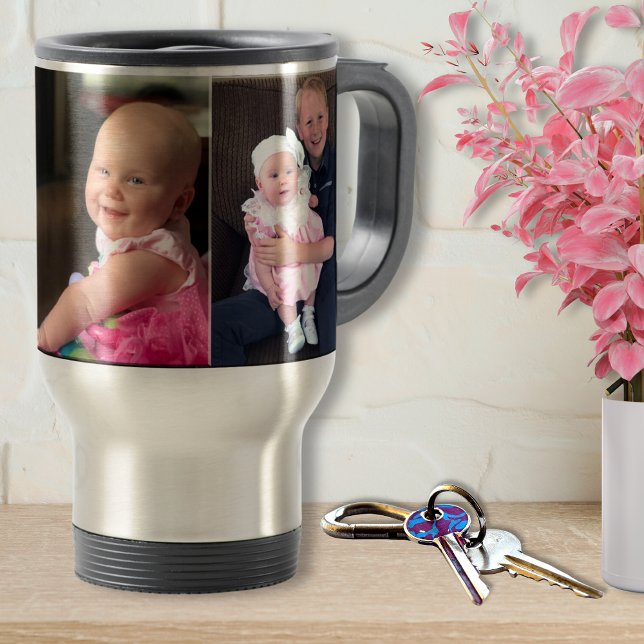 3 Photos de Mugs de Voyage Personnalisés ou Mug Ré (Photo Travel Mug with Handle. Thermo-temp stainless steel photo travel mug. Gift for Gramma. Bulk)