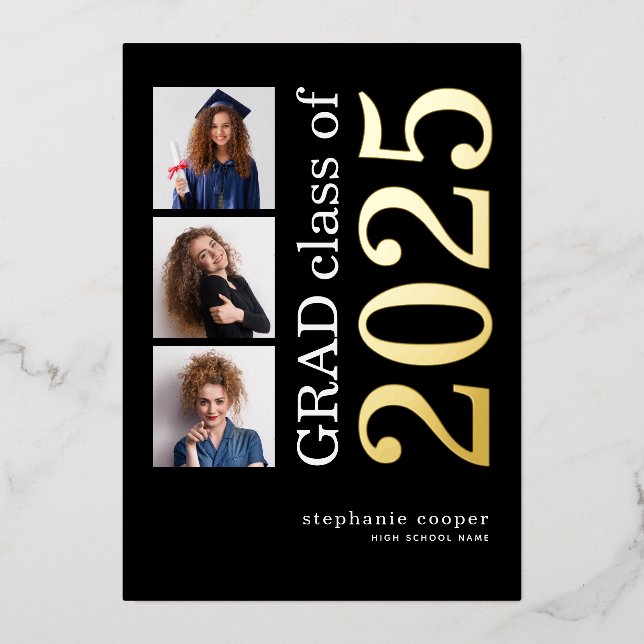 3 Photos Grad 2025 Real Gold Foil Faire-part (Recto)