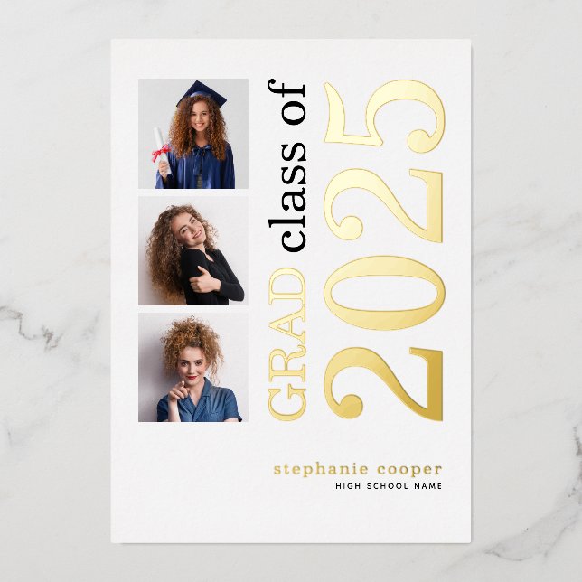 3 Photos Grad 2025 Real Gold Foil Faire-part (Recto)