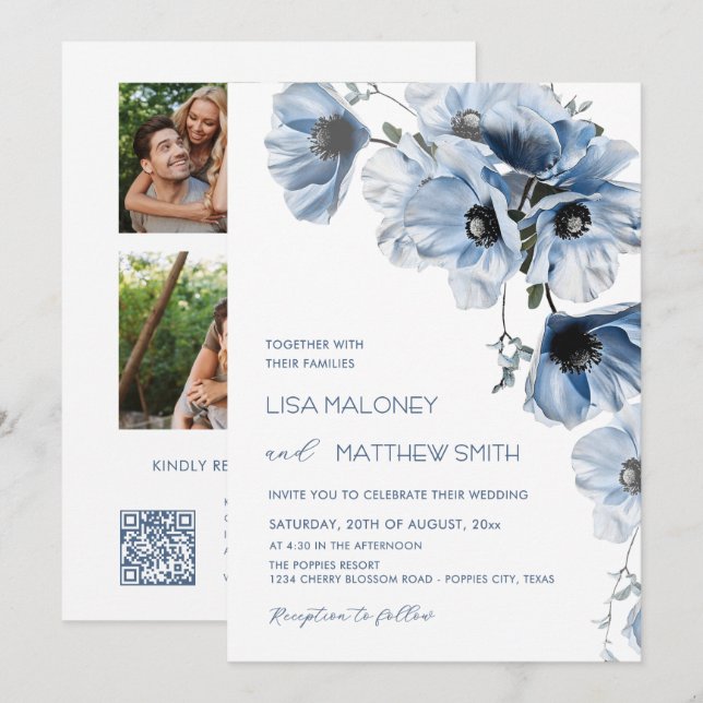 3 Photos | Invitation de mariage aux fleurs bleues (Devant / Derrière)