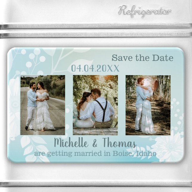3 Photos Pastel Turquoise Magnet de Save the Date (Save the Date magnet featuring 3 of your own photos framed by a pastel teal turquoise floral design.)