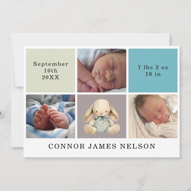 3 Photos Rabbit Baby Boy Birth Stats Faire-part (Devant)