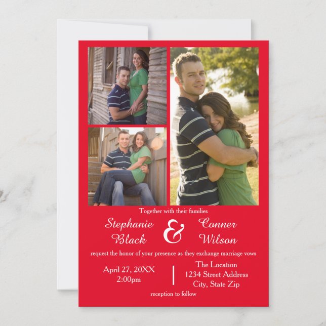 3 Photos Rouge - Invitation de Mariage (Devant)