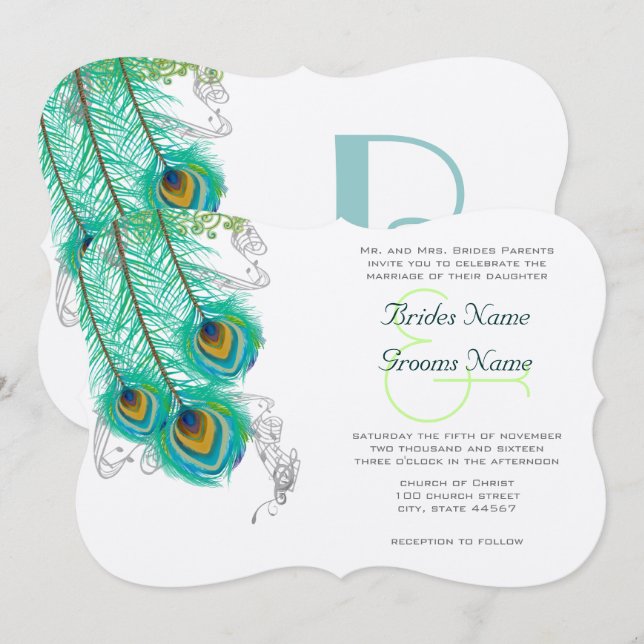 3 plumes de paon Invitation de mariage (Devant / Derrière)