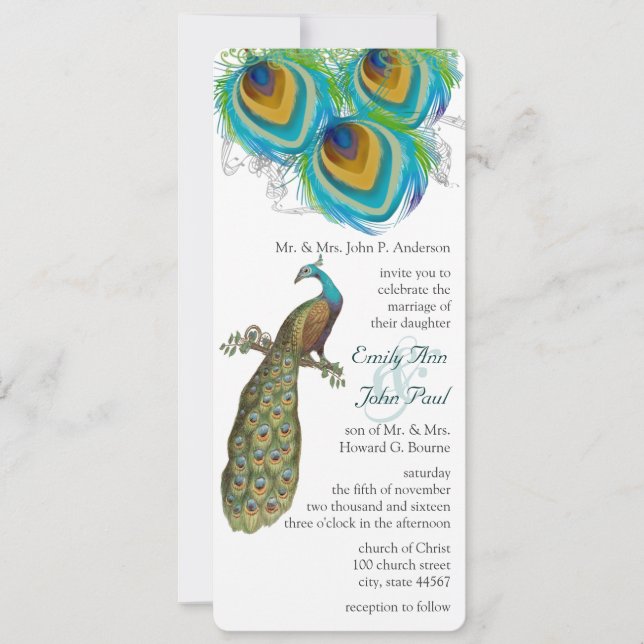 3 Plumes de Paon Invitation de Mariage Art Déco (Devant)