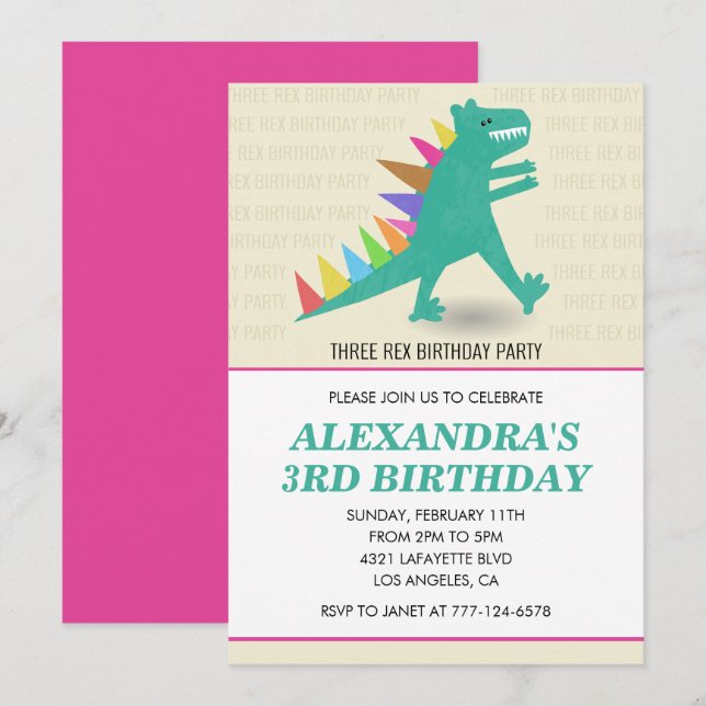 3 rex invitations fille 3 ans troisième dino (Devant / Derrière)