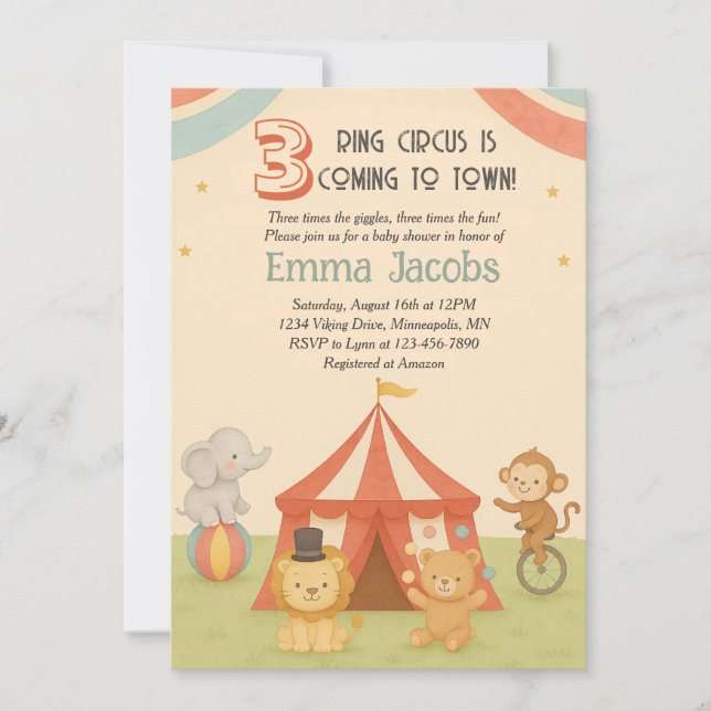 3 Ring Circus Triplet Baby Shower Invitation (Devant)