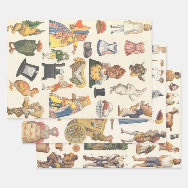 3 Scènes de poupées en papier victorien Vintage (Lot)