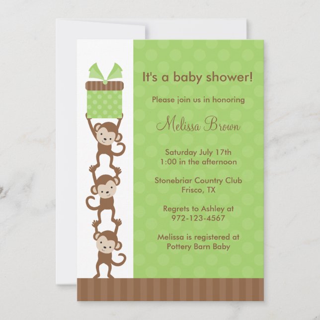 3 Singes Green Baby shower Invitation (Devant)