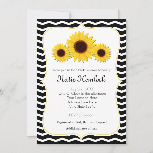 3 Tournesols noir et blanc Chevron Invitation (Devant)