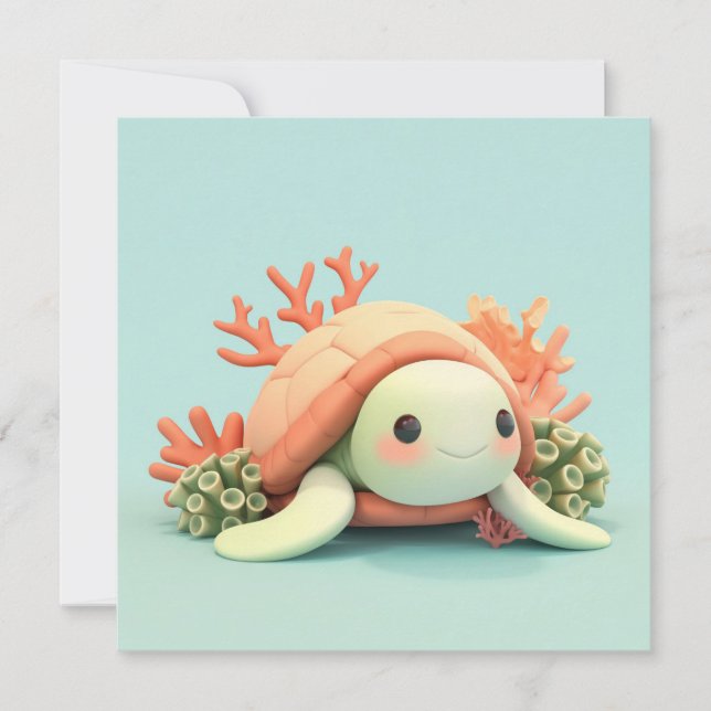 3D Clay Sea Turtle in Orange Coral Reef Postcard  (Devant)