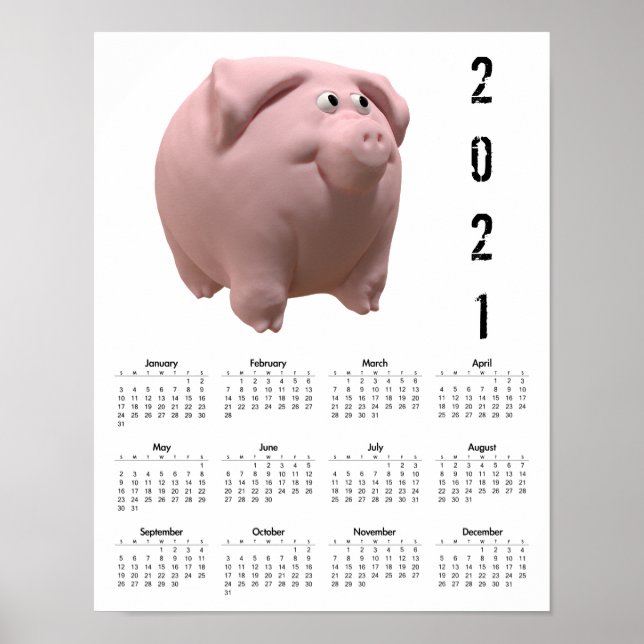 3D Funny Pig 2 White Calendar Poster 2021 (Devant)
