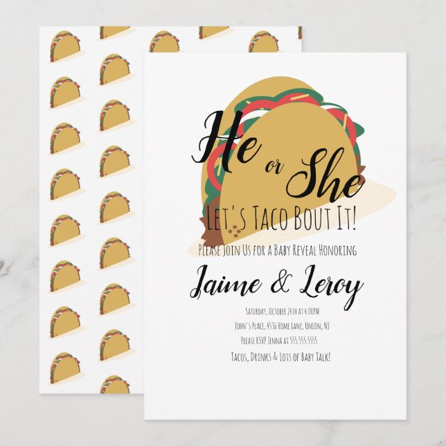 3D Taco Party Genre Révéler Lui ou Elle Invitation (Devant / Derrière)