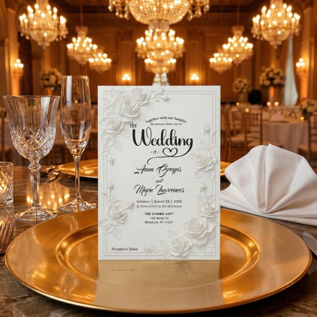 3D White Rose Floral Border Wedding Invitation (Créateur téléchargé)