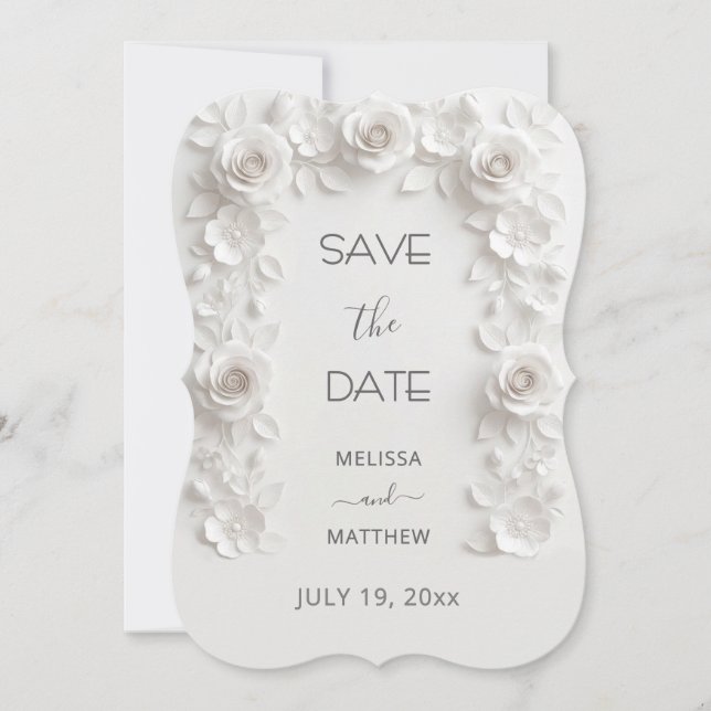 3D White Roses Save The Date Card (Devant)