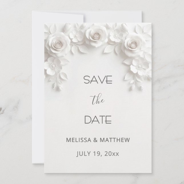 3D White Roses Save The Date Card (Devant)