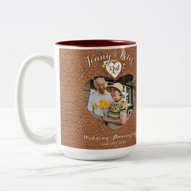 3e anniversaire du Mariage Photo Mug Coeur en cuir (Gauche)