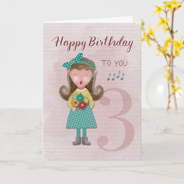 3e Anniversaire Fille chantant Bonne carte d'anniv (Fleur jaune)