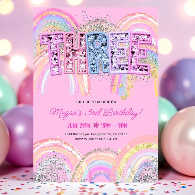 3e anniversaire Invitation Girl Editable Rainbow S (Créateur téléchargé)