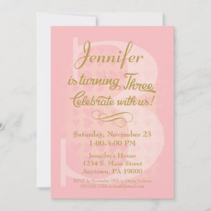 3e anniversaire Invitation Girls Pink Gold Hearts