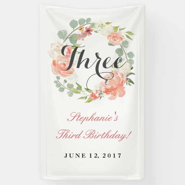 3e anniversaire Pink Floral Wreath Trois bannière (Vertical)